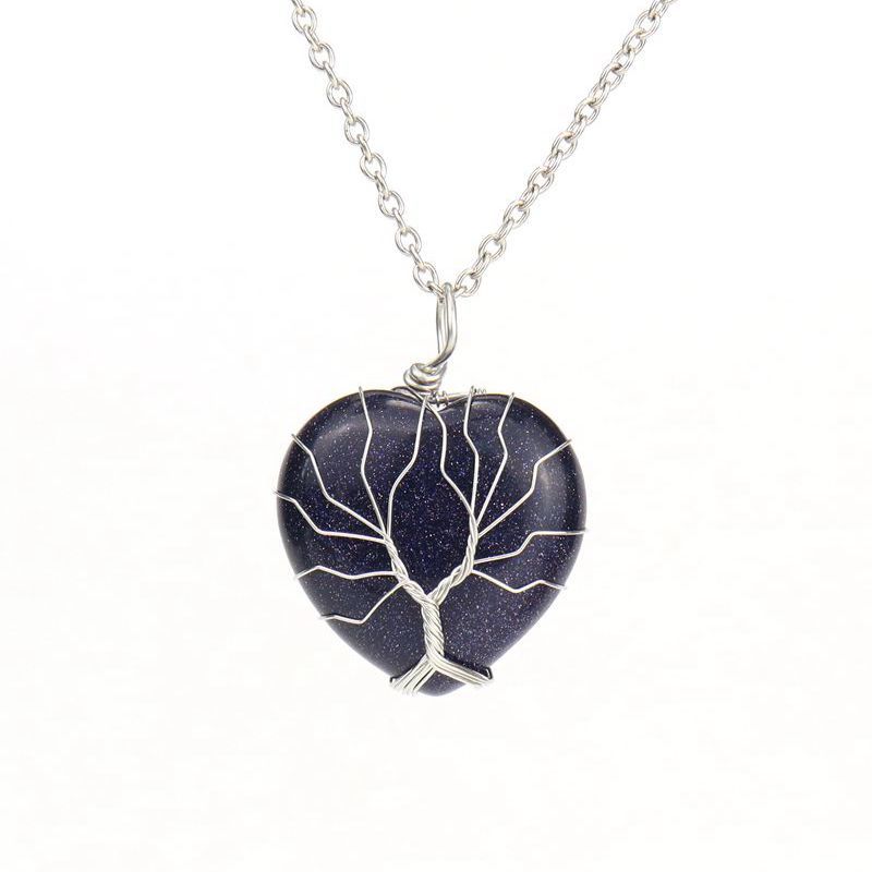 Wholesale Silver Hand-wound Heart Natural Stone Rose Quartz Tree of Life Necklace
